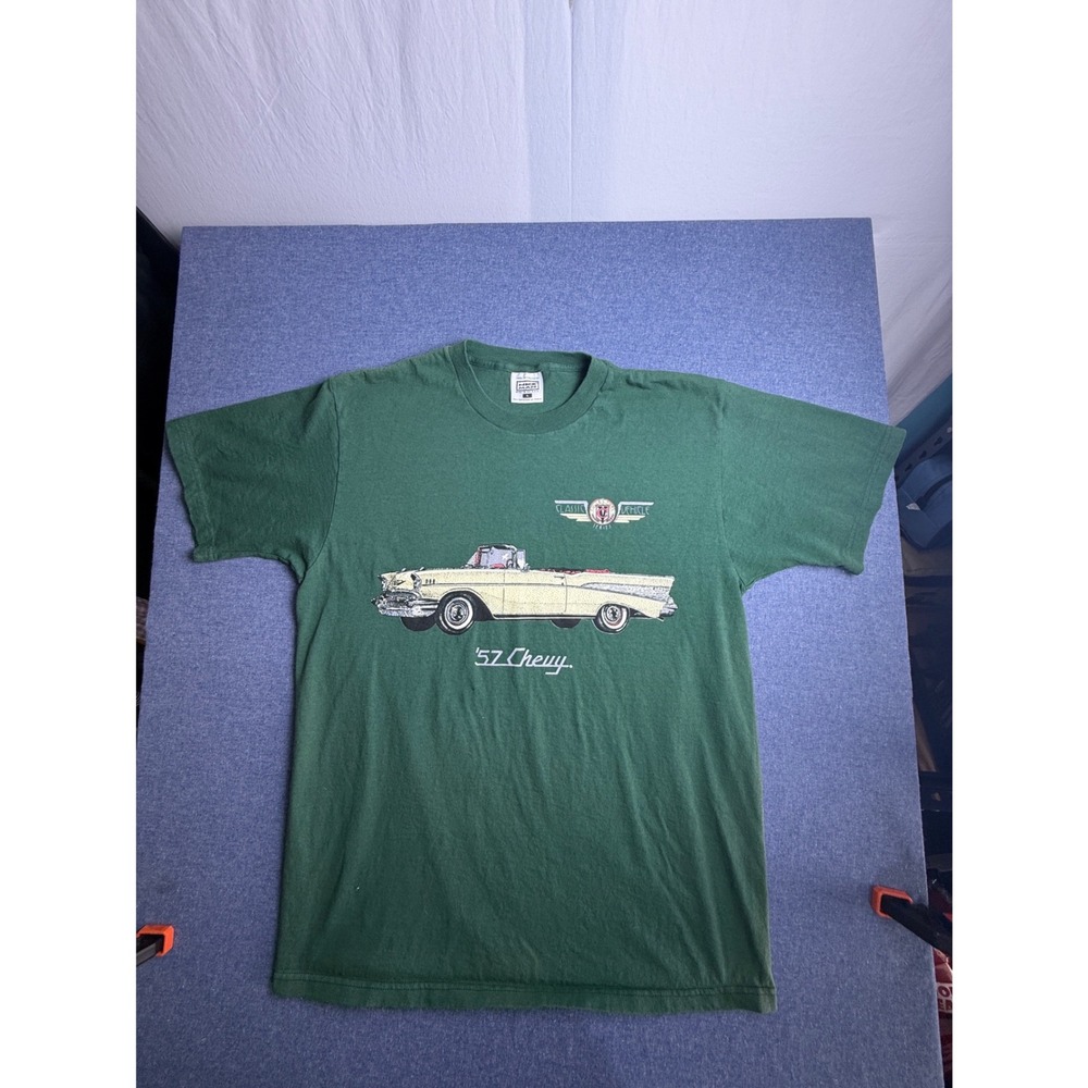 Vintage Nice Man 57 Chevy Graphic T-Shirt Mens Large Green Classic Car USA Made